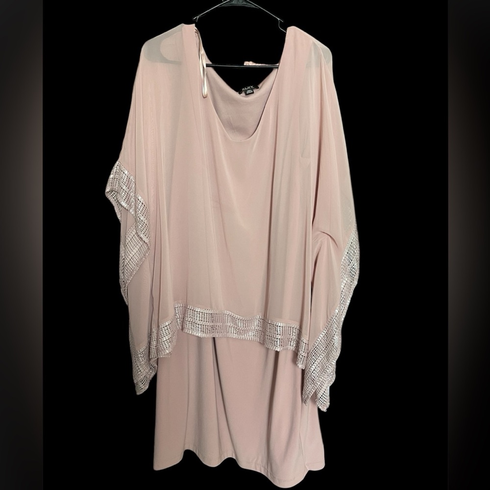 SLNY Blush Pink Midi Dress with Sheer Overlay and Embellished Trim